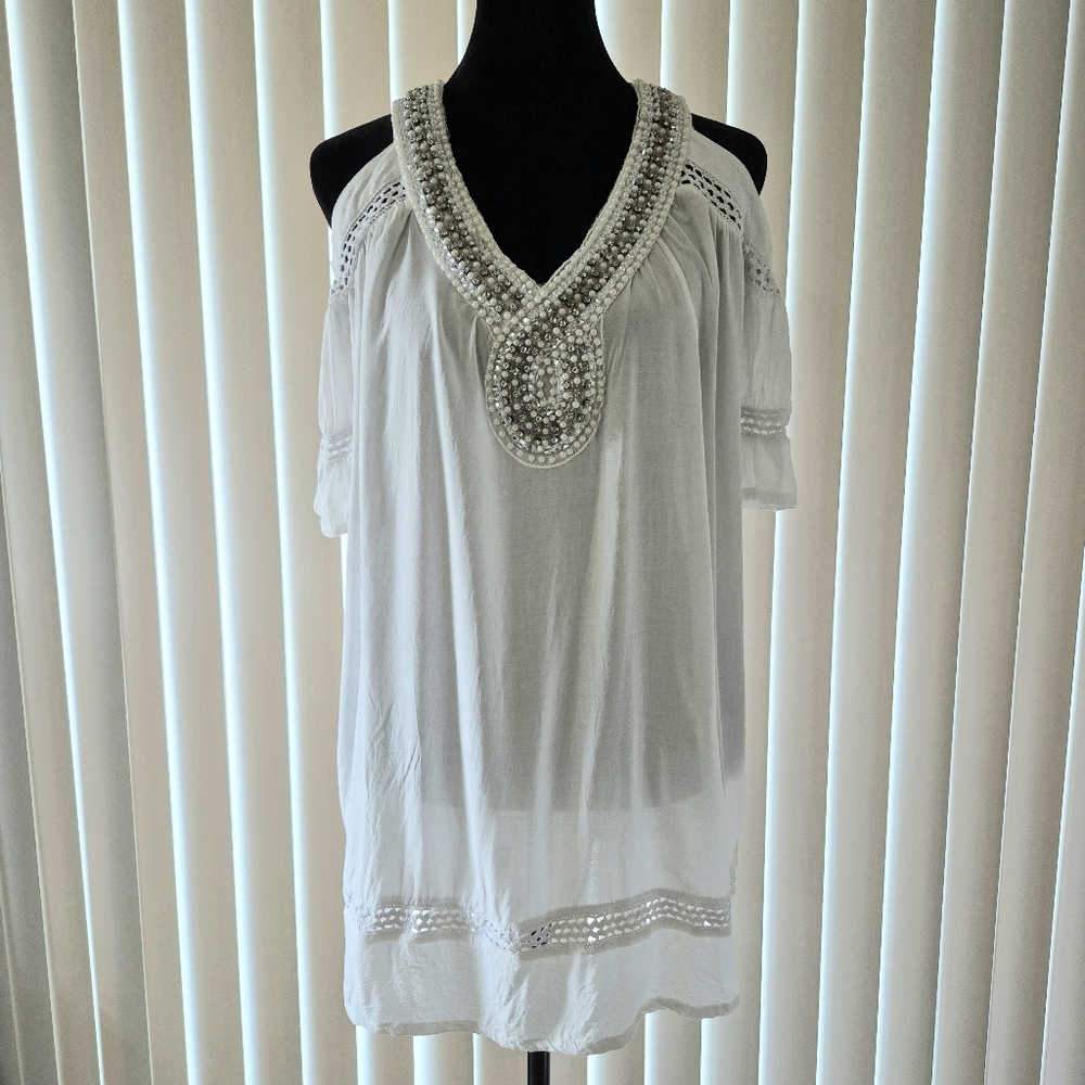 Vintage Cold Shoulder White Embellished Women's Top